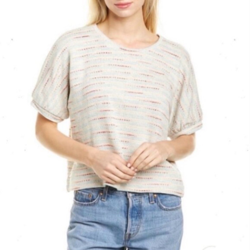 Madewell Striped Textured Puff Sleeve‎ top in Sage Mist size